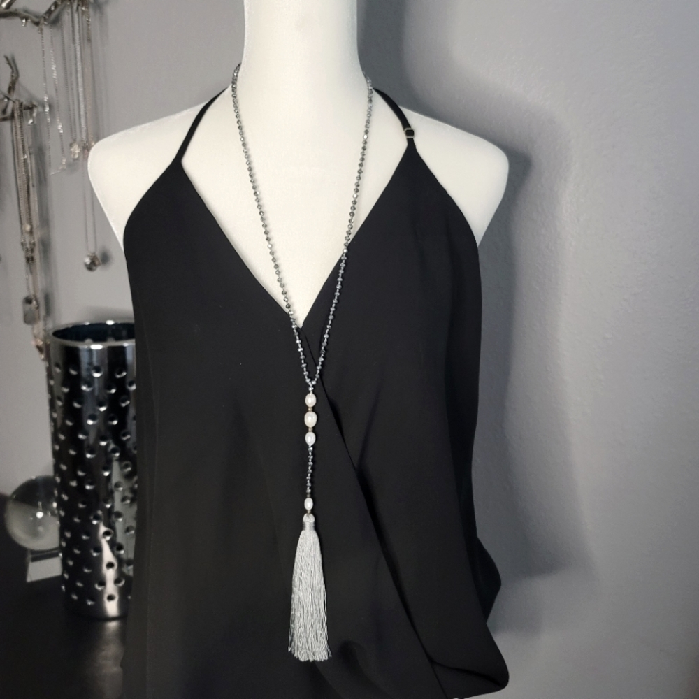 Silver shimmery beaded tassel necklace with freshwater pearls